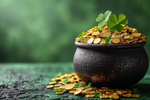 Sur une table en bois sur un fond vert un pot de pièces d'or et de trèfle pour la fête de Saint Patrick