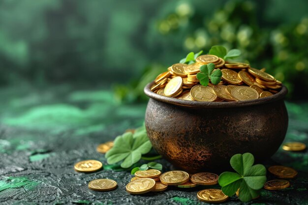 Sur une table en bois sur un fond vert un pot de pièces d'or et de trèfle pour la fête de Saint Patrick