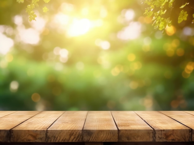 Une table en bois avec un fond vert et le soleil qui brille à travers les feuilles