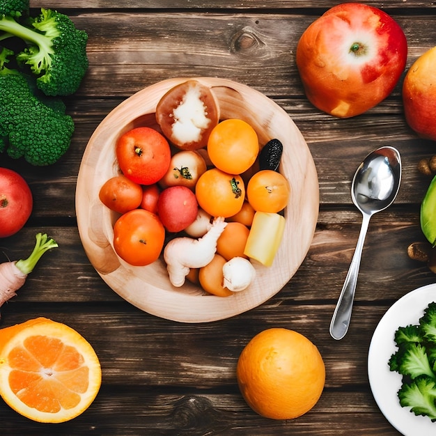 Une table en bois avec des fruits et légumes