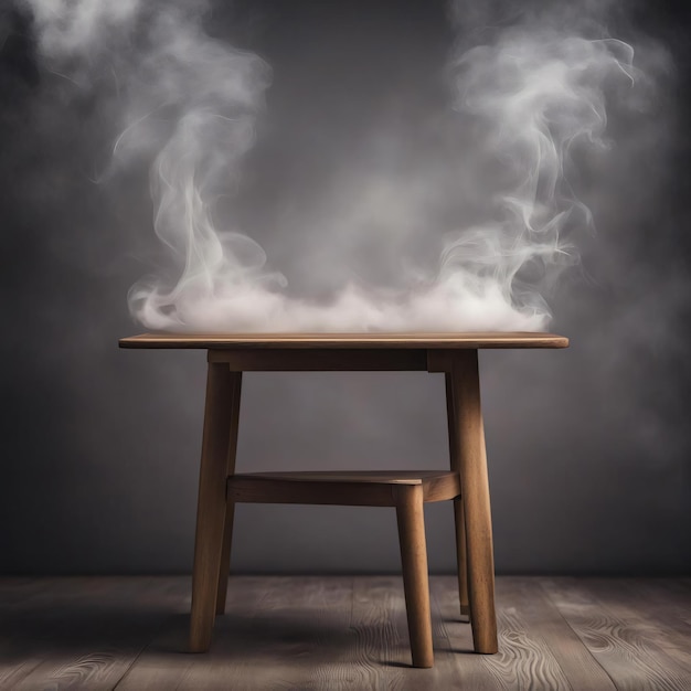 Table en bois avec de la fumée flottant sur un fond noir