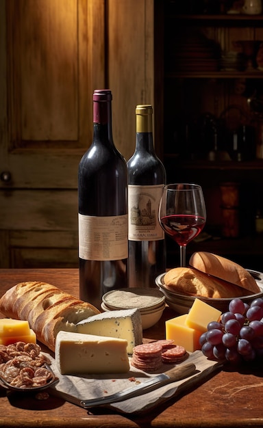 Une table en bois garnie de vin et de fromage image ai générative