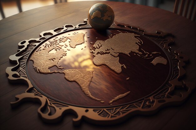 Une table en bois avec un globe dessus