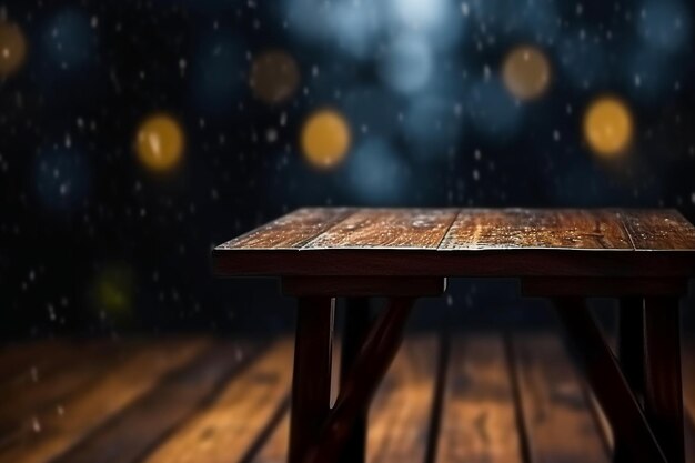 Une table en bois avec des gouttes de pluie dessus