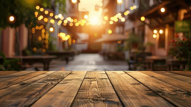 Une table en bois de haute qualité sur le fond flou d'une scène de rue accueillante