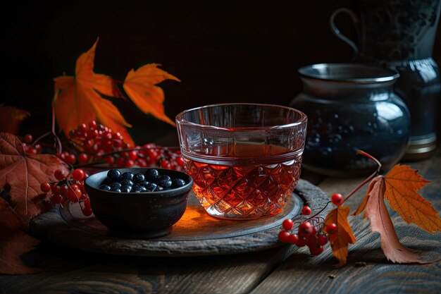 Sur une table en bois, il y a des feuilles d'automne écarlate, des baies de viburnum et une tasse de thé.