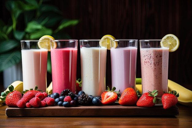 Sur une table en bois, il y a une variété de boissons, y compris du lait frais, des bleuets et des fraises