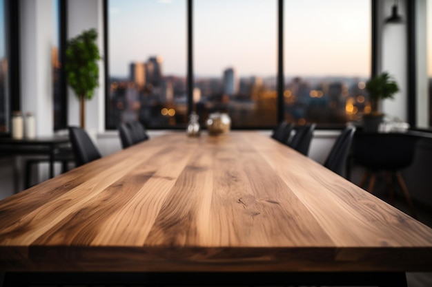 Une table en bois immaculée dans un cadre de bureau contemporain, parfaite pour la présentation de produits