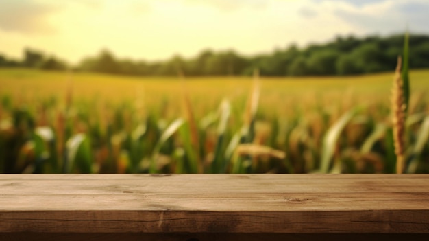 Table en bois inspirée de la nature sereine avec un fond de champ de blé captivant AI générative