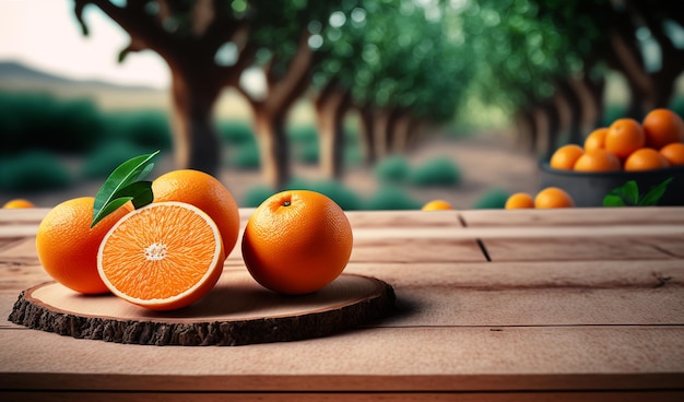 Table en bois jardin orange et arrière-plan flou AI générative