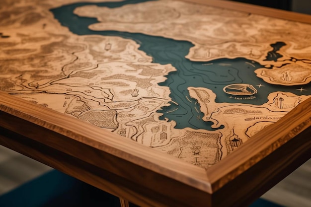 Une table en bois avec un lac et une carte du lac.