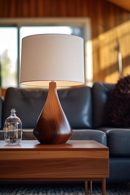 Photo une table en bois avec une lampe sur le dessus