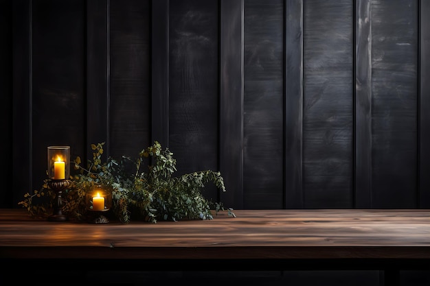 Photo table en bois avec une lampe éclairée et un fond noir