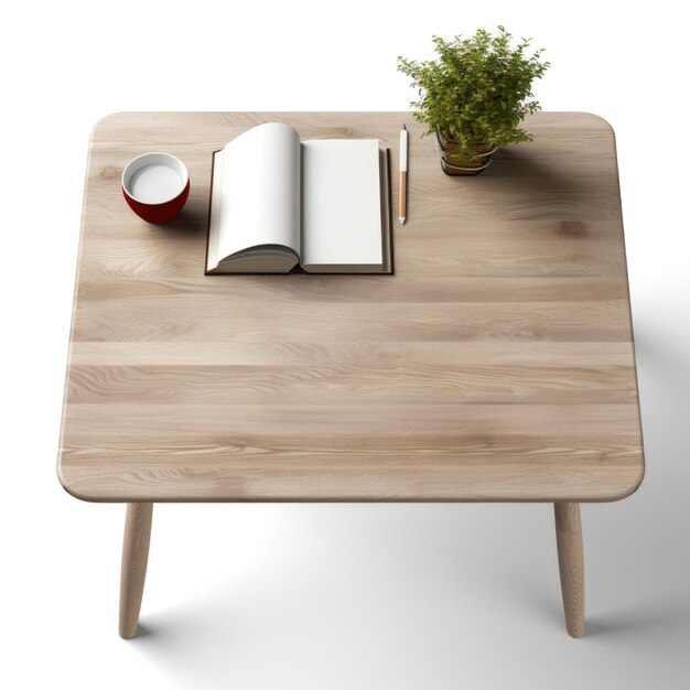 Une table en bois avec un livre et une tasse dessus