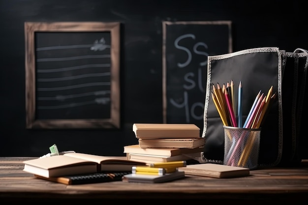 Table en bois avec des livres et des crayons sur le dessus Generative AI