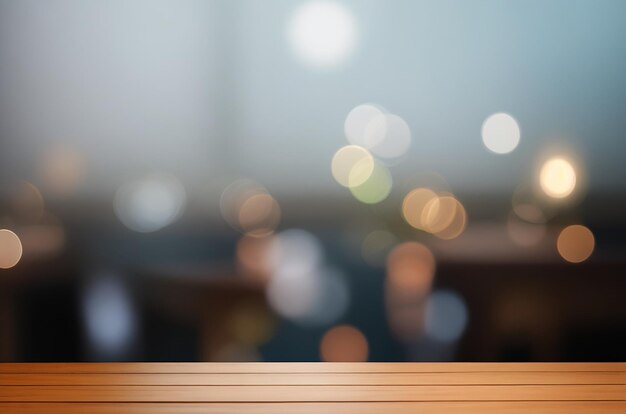 Photo table en bois sur une lumière bokeh floue avec un fond sombre photo de haute qualité