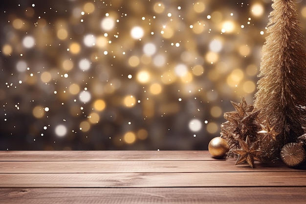 Table en bois avec lumières bokeh de Noël