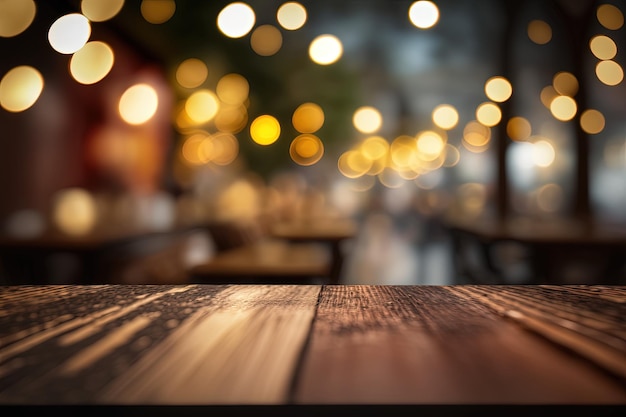 Une table en bois avec des lumières floues en arrière-plan AI générative