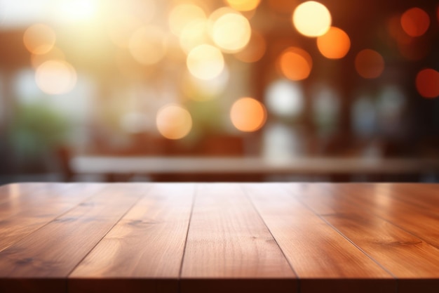 Table en bois avec des lumières floues en arrière-plan