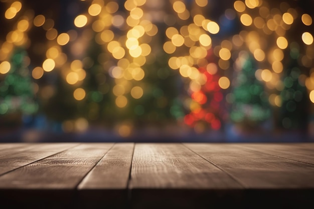 Table en bois avec des lumières de Noël sur un bokeh background générative ai