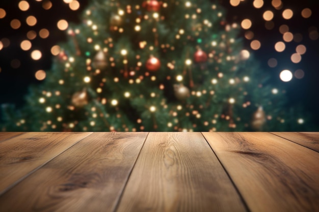 Table en bois avec des lumières de Noël sur un bokeh background générative ai