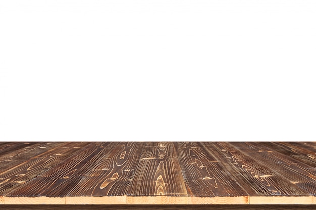 Table en bois marron ou comptoir isolé sur blanc