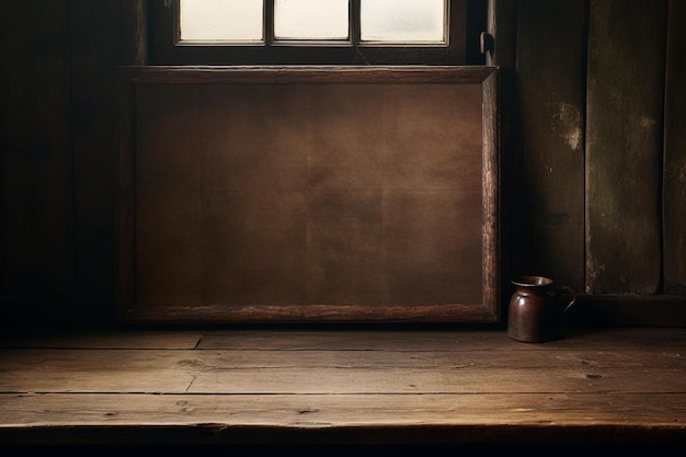 une table en bois marron avec une cruche et une cruche dessus