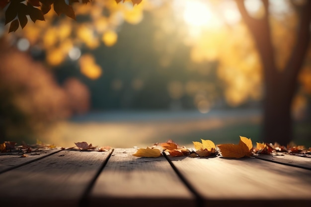 Une table en bois minable sur fond d'un parc d'automne Modèle de maquette pour la présentation du produit Dessin photoréaliste IA générative