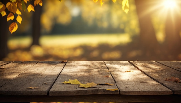 Une table en bois minable sur fond d'un parc d'automne Modèle de maquette pour la présentation du produit Dessin photoréaliste IA générative