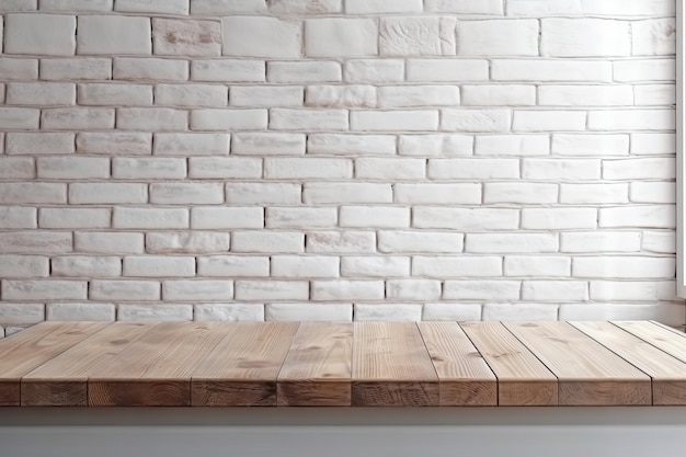 Table en bois minimaliste contre un mur de briques blanches Generative AI