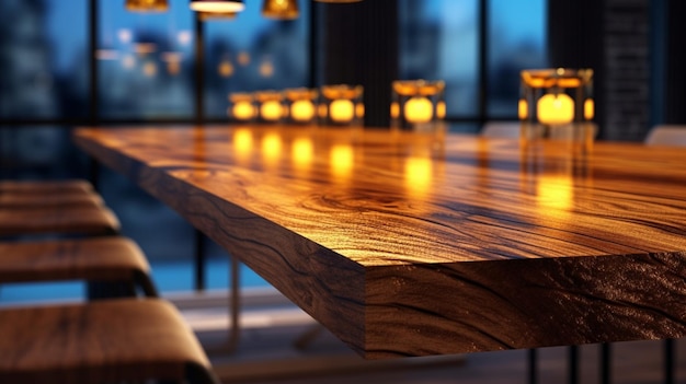 Table en bois moderne contre l'éclairage abstrait du restaurant