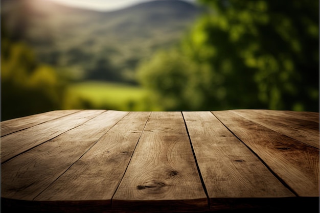 Une table en bois avec une montagne en arrière-plan