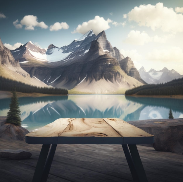 Une table en bois avec une montagne en arrière-plan.