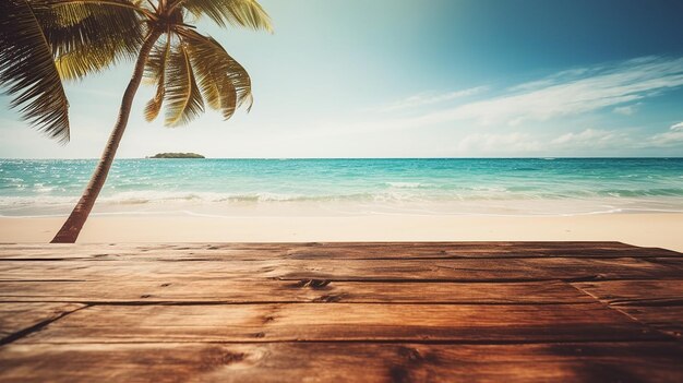 Table en bois Mpty sur une magnifique plage tropicale paradisiaque