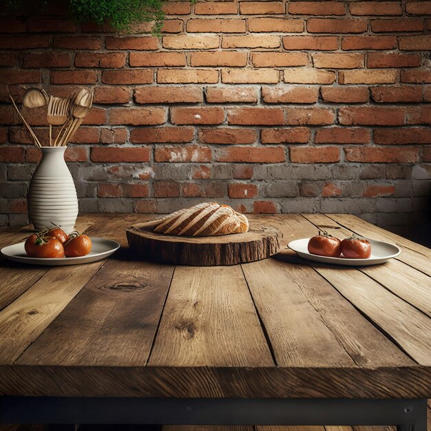 Table en bois avec mur de brique pour l'affichage des produits alimentaires Ai généré