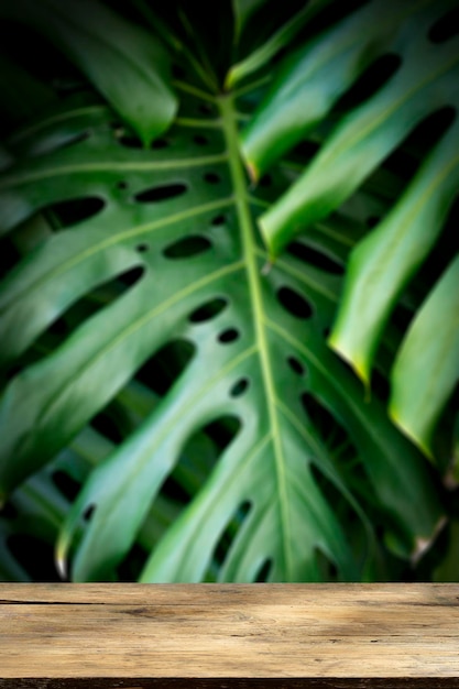 Table en bois, mur de jungle, fond vertical sur smartphone, feuilles de palmier tropical vert flou avec