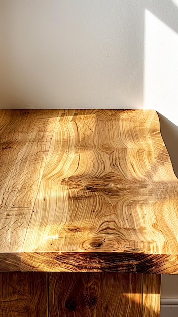 Une table en bois naturelle minimale vide, un comptoir en bois, un podium, de beaux grains de bois à la lumière du soleil.