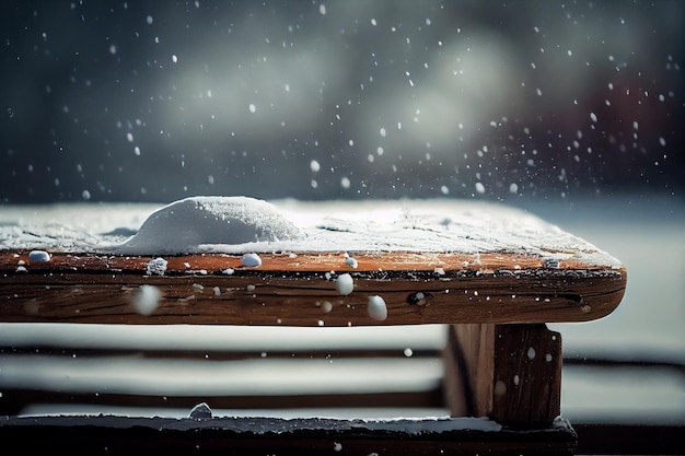 Table en bois avec de la neige dans la forêt d'hiver Selective focusgenerative ai