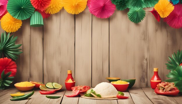 une table en bois avec de la nourriture et des fruits