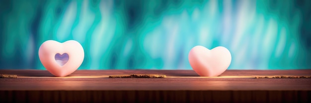 Une table en bois avec un œuf rose dessus et un fond bleu.