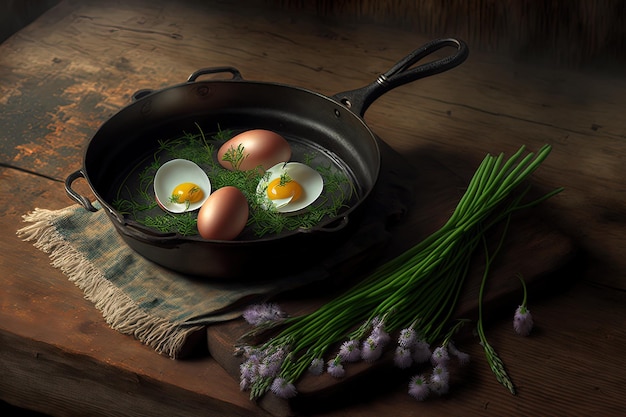 Sur une table en bois, des œufs cuits avec de la ciboulette dans une poêle en fer