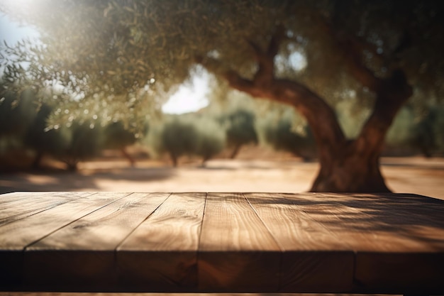 une table en bois avec un olivier visible au loin