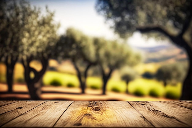 Table en bois et oliviers en arrière-plan