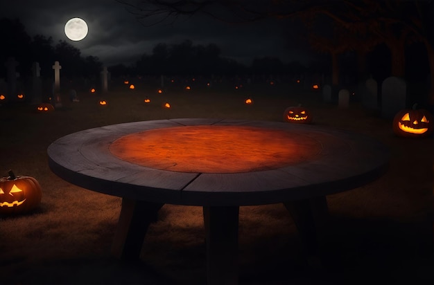 Table en bois ornée de citrouilles d'Halloween dans un cimetière sinistre