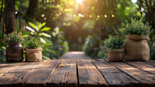 Une table en bois ornée de plantes en pot