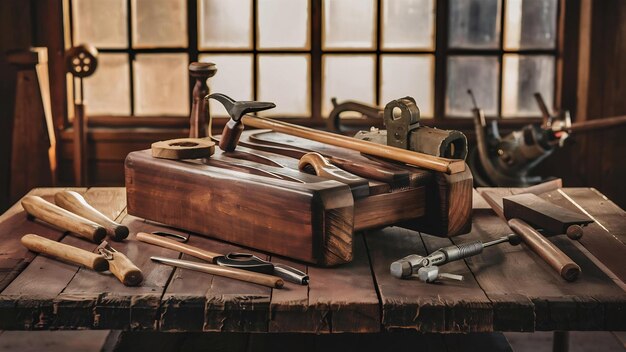 Table en bois avec outils de travail