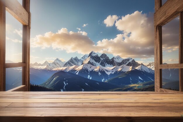 Photo table en bois avec le paysage de montagne