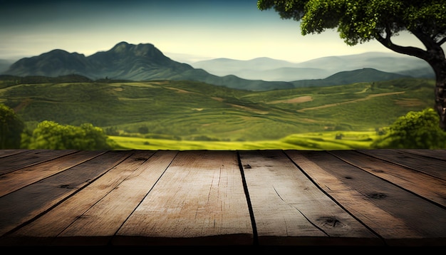 Une table en bois avec un paysage verdoyant en arrière-plan