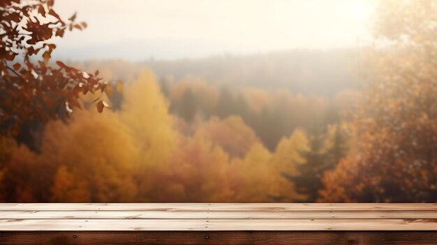 Table en bois photo dans un paysage d'automne avec espace de copie vide pour la maquette d'affichage du produit