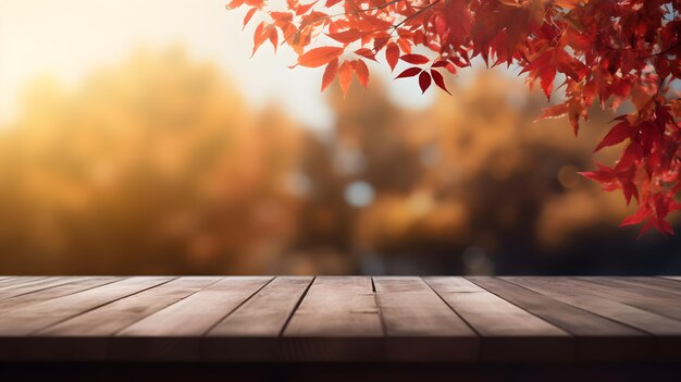 Table en bois photo dans un paysage d'automne avec espace de copie vide pour la maquette d'affichage du produit